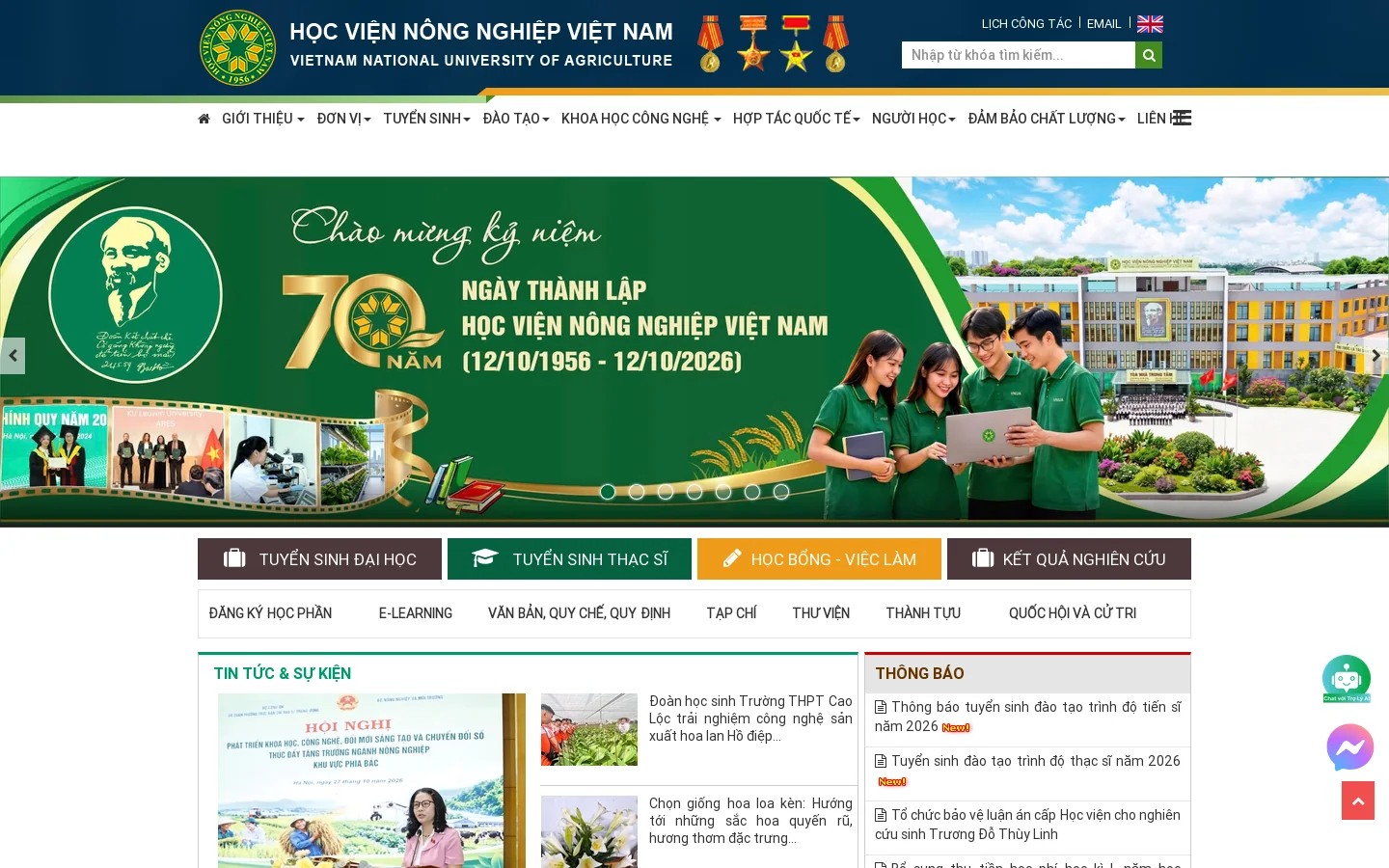 Học viện Nông nghiệp Việt Nam Homepage screenshot