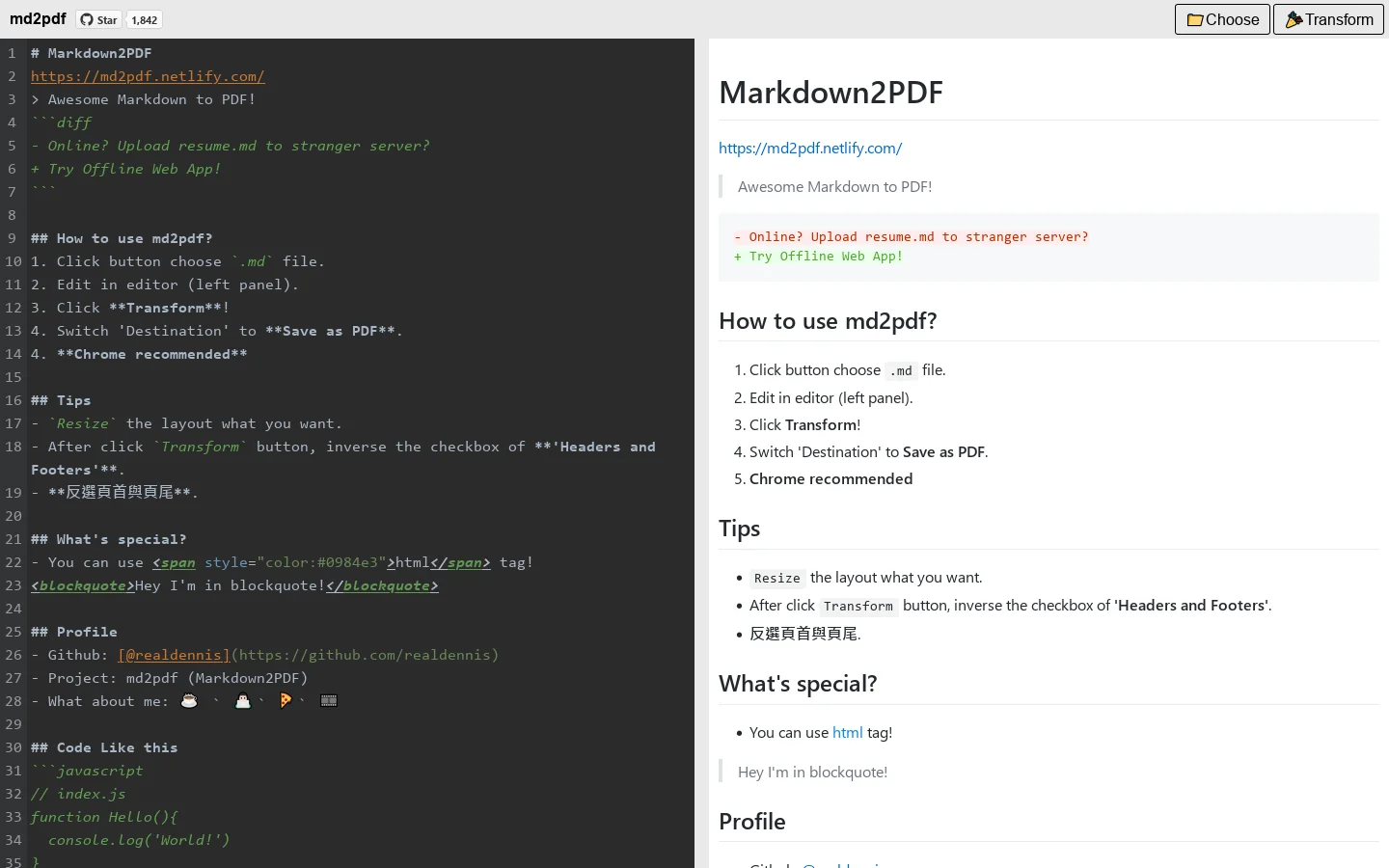 md2pdf Homepage screenshot