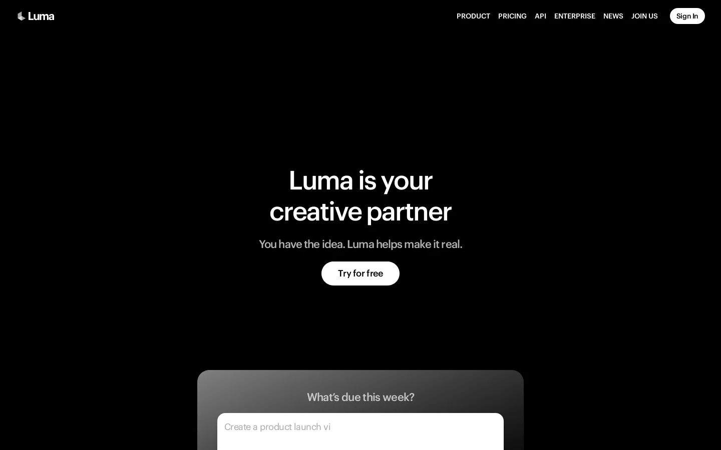 Luma | AI Agents for Creative Work Homepage screenshot