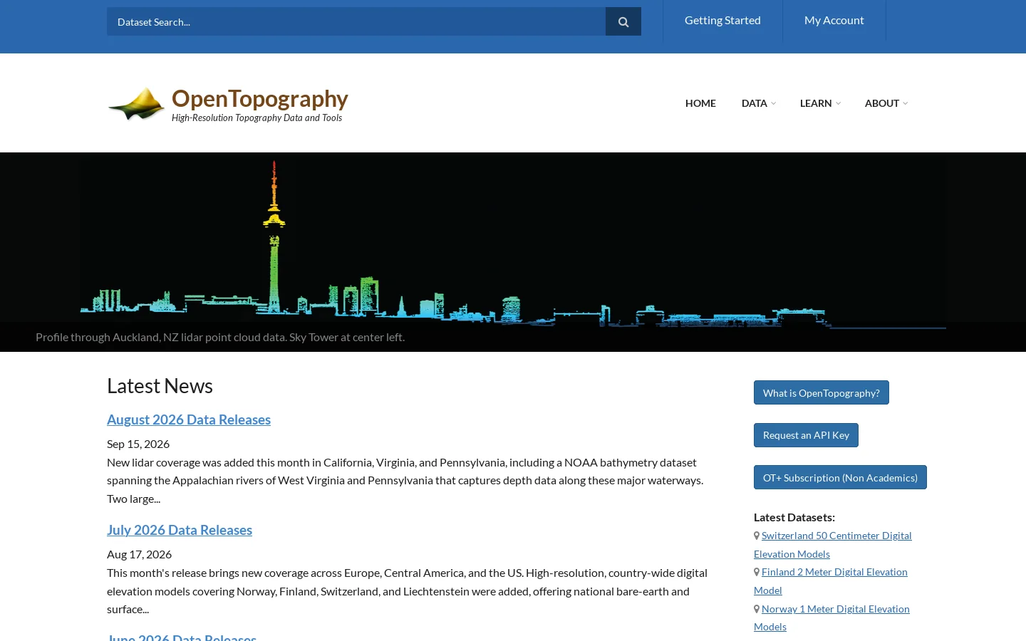 OpenTopography Homepage screenshot