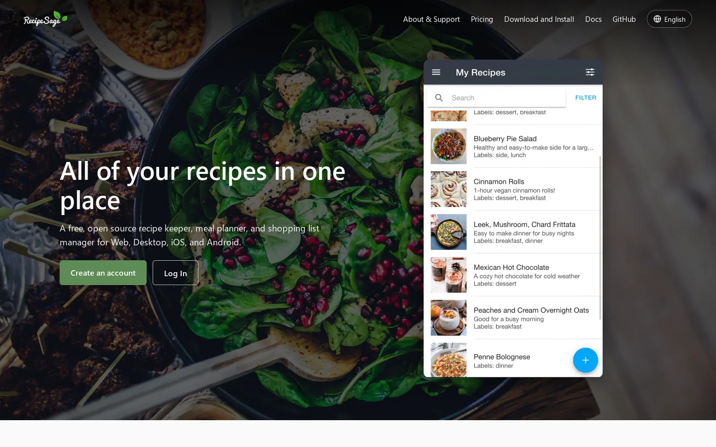 RecipeSage Homepage screenshot