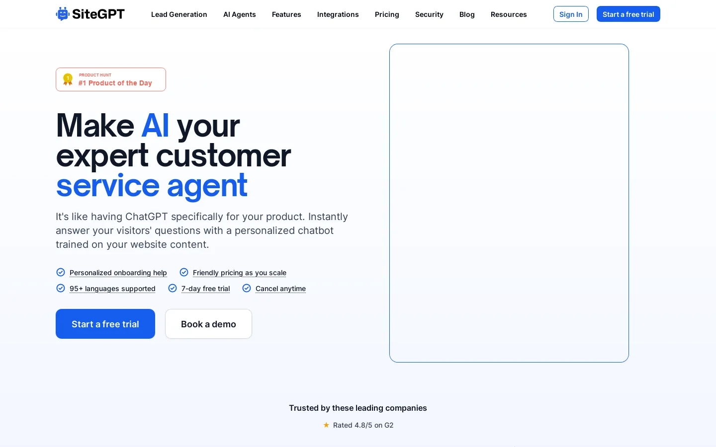 SiteGPT Homepage screenshot