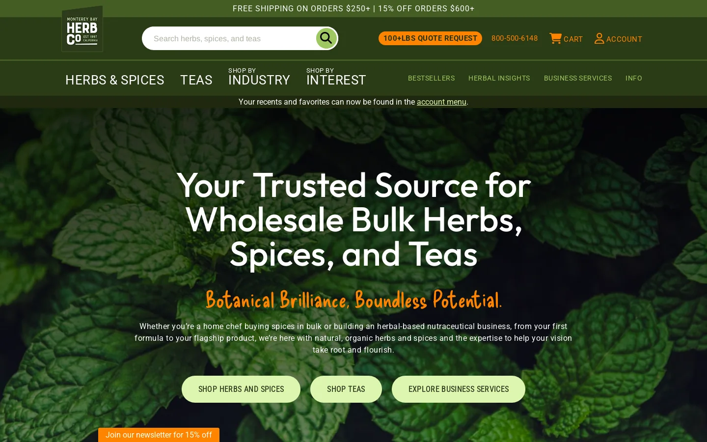 Wholesale Bulk Herbs, Spices & Teas | Monterey Bay Herb Co Homepage screenshot