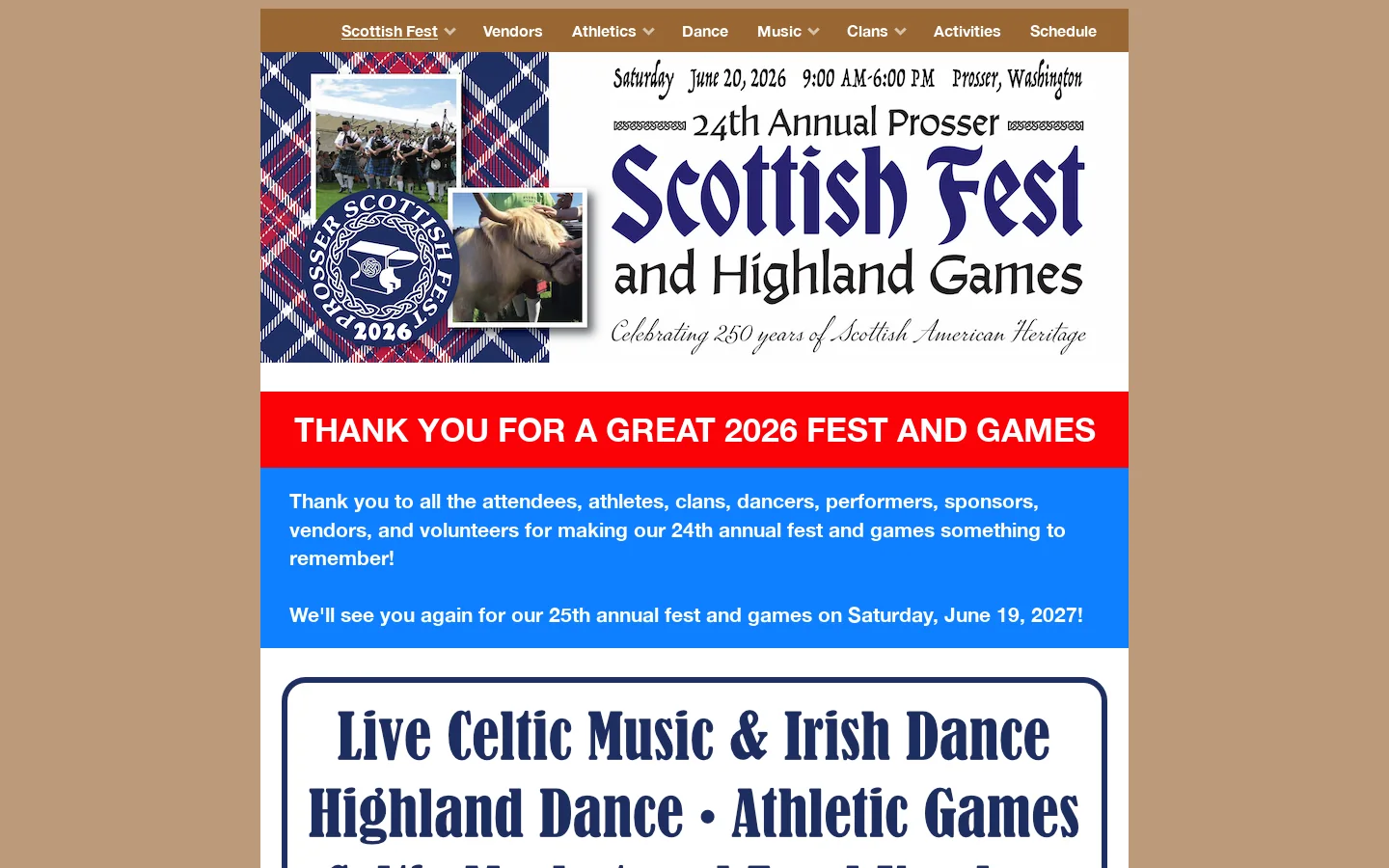 Prosser Scottish Fest and Highland Games Homepage screenshot