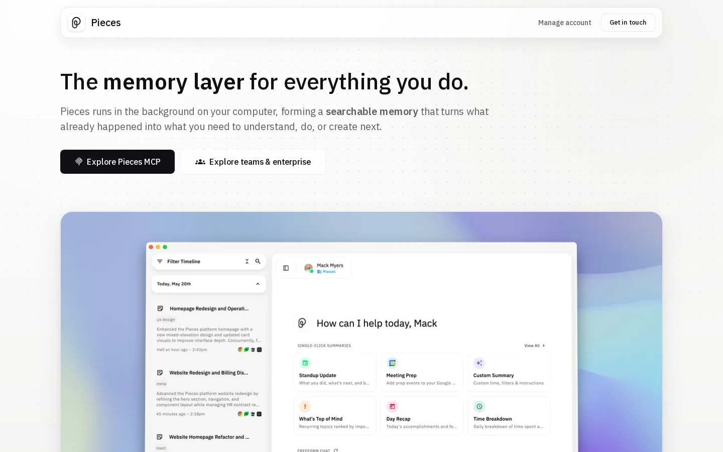 Pieces Homepage screenshot