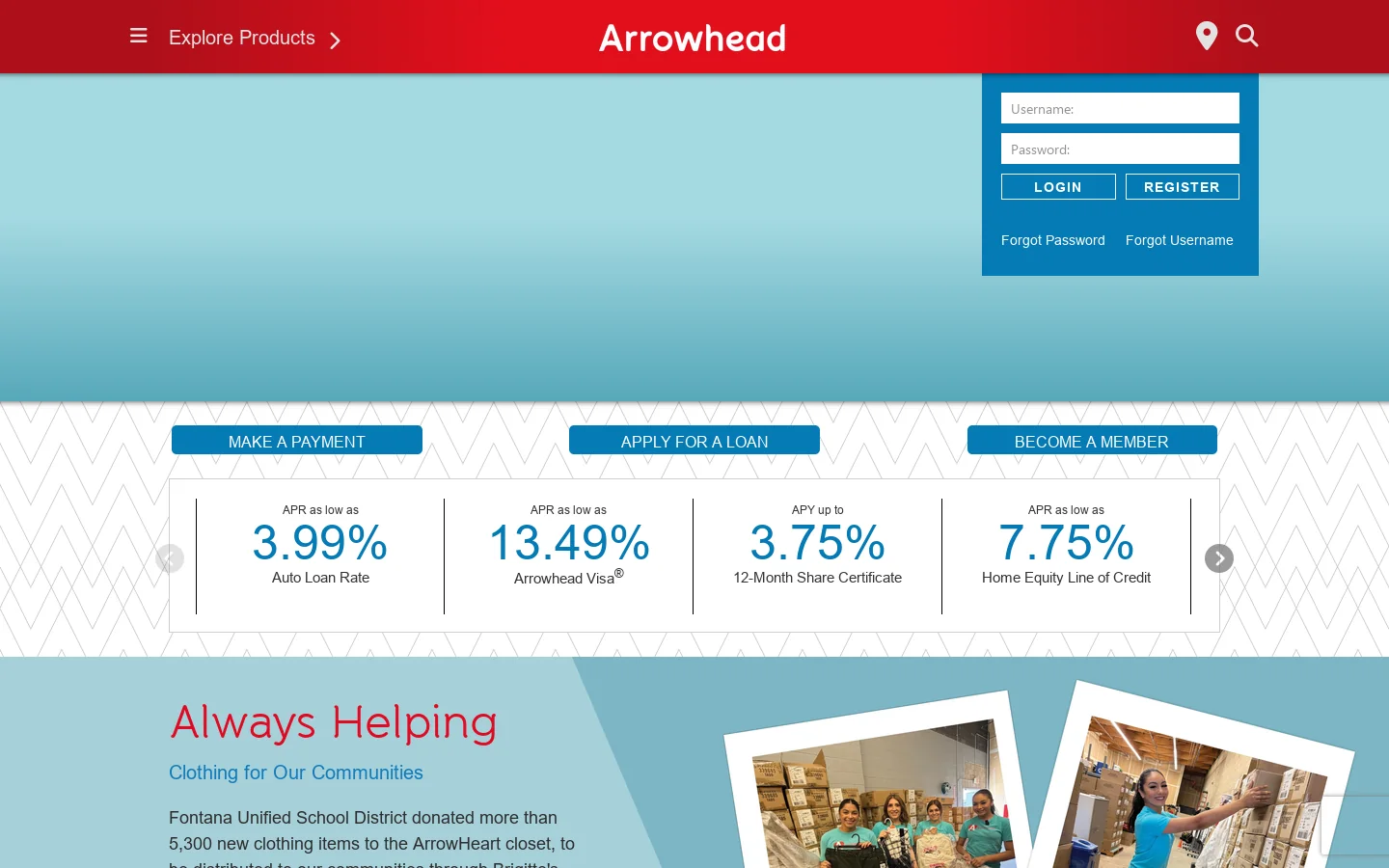 Arrowhead Credit Union Homepage screenshot