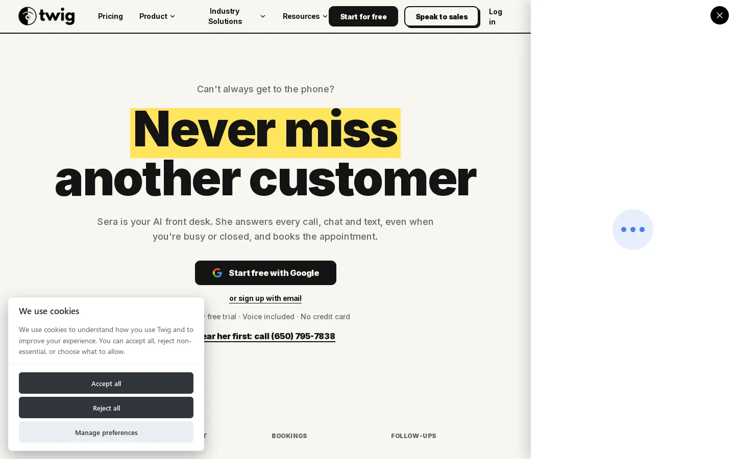 Never Miss Another Customer | Sera, the AI Front Desk by Twig Homepage screenshot