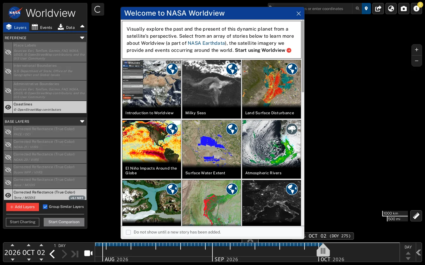 NASA Worldview Homepage screenshot