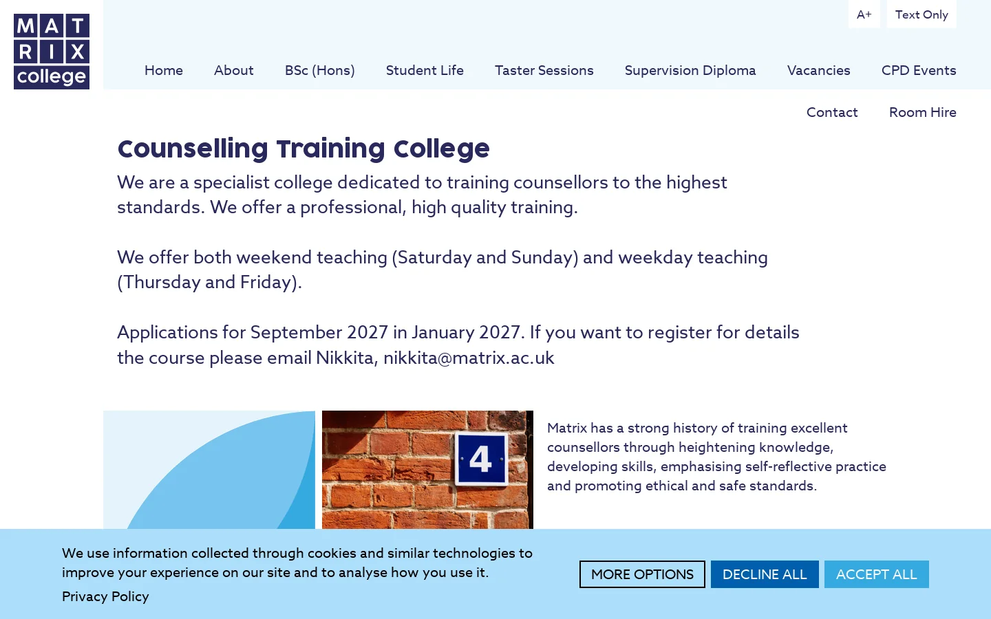 Matrix College of Counselling & Psychotherapy Homepage screenshot