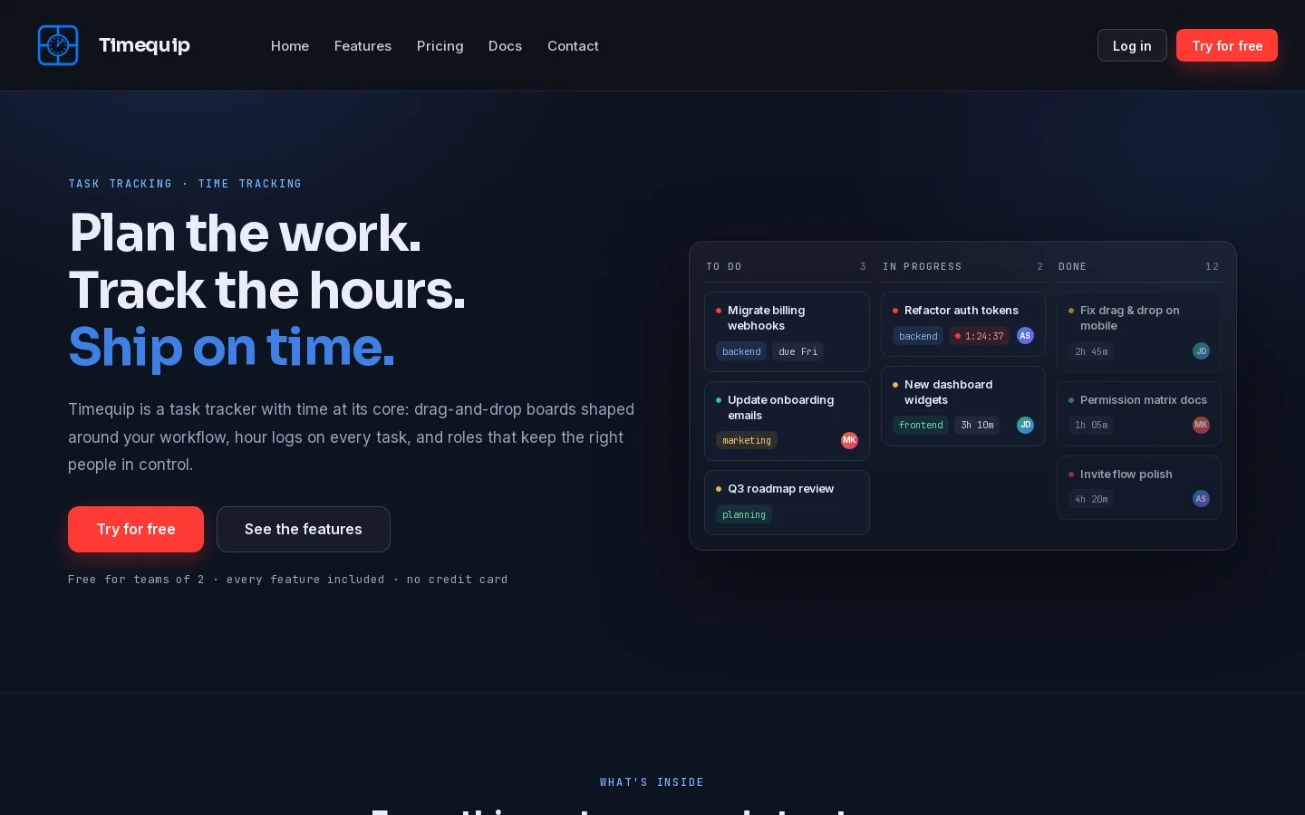 Timequip Homepage screenshot