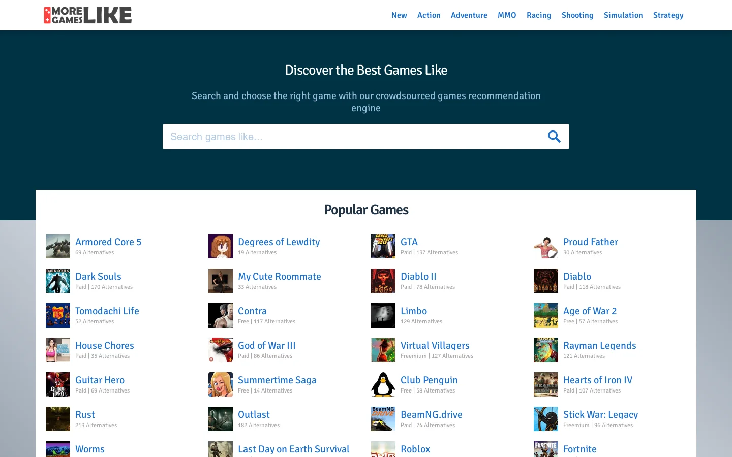 Games Like – Crowdsourced Game Recommendation Engine Homepage screenshot