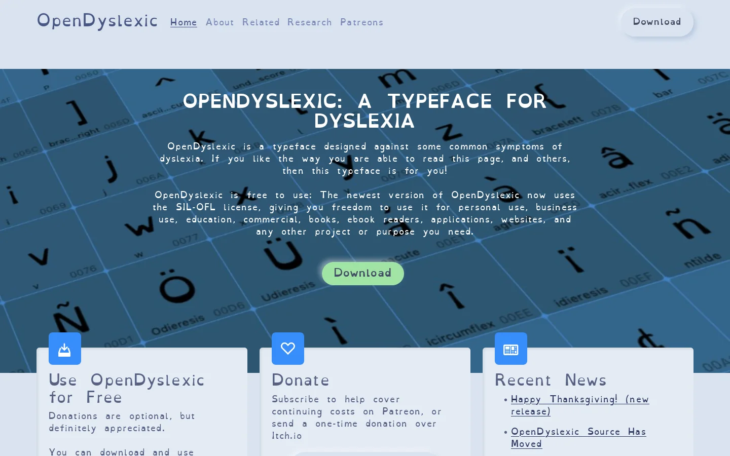 OpenDyslexic Homepage screenshot