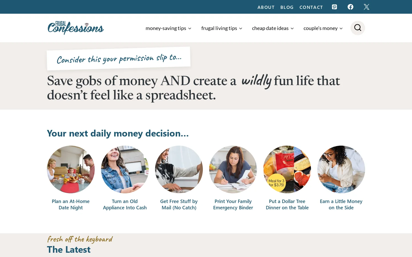 Frugal Confessions Homepage screenshot