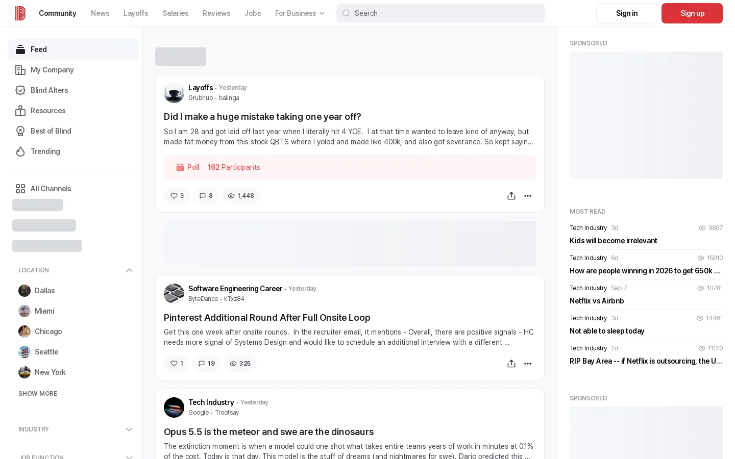 Blind - Anonymous and Professional Community Homepage screenshot