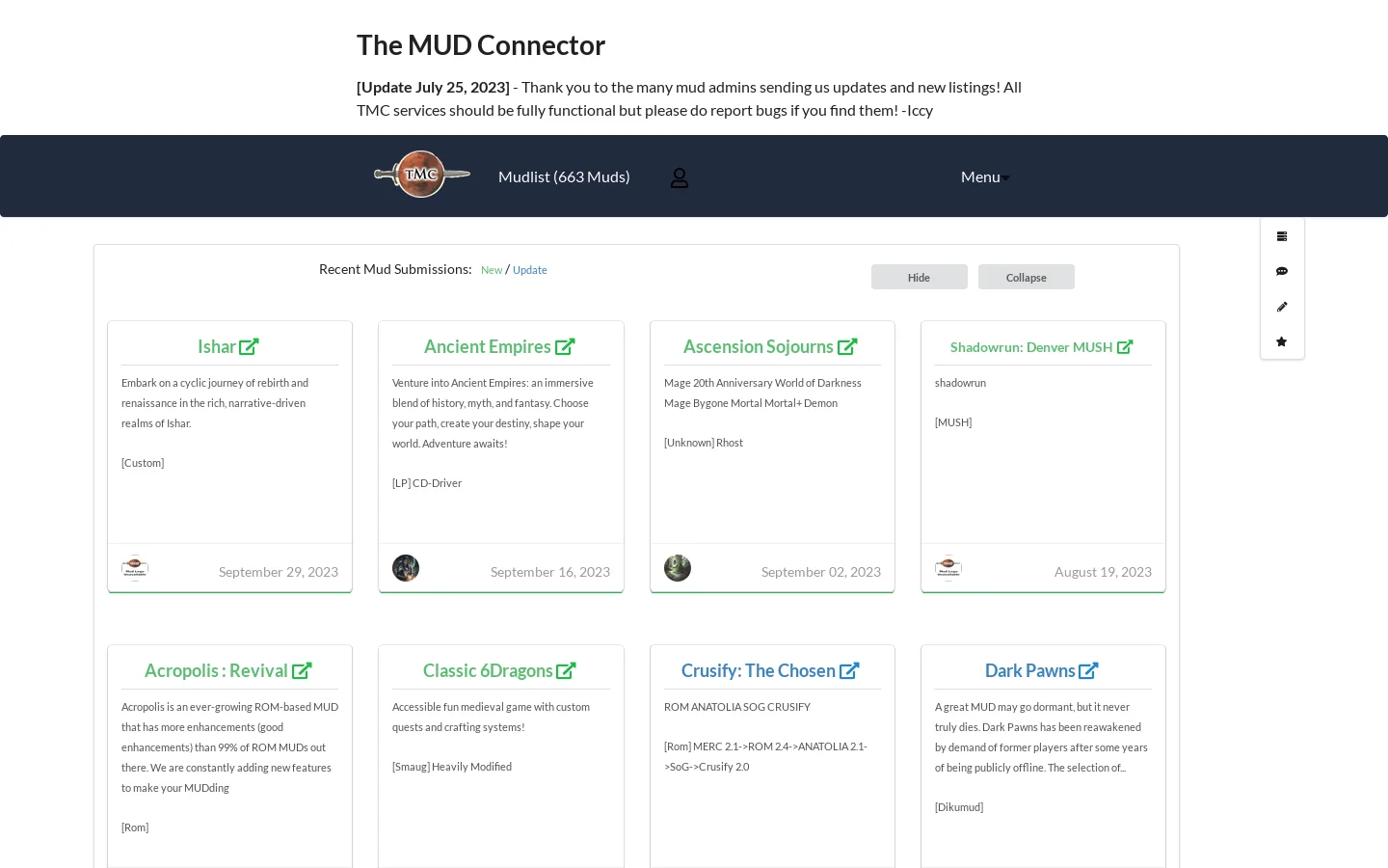 The Mud Connector | TMC Mudlist, Muds, Text-Games and Reviews Homepage screenshot