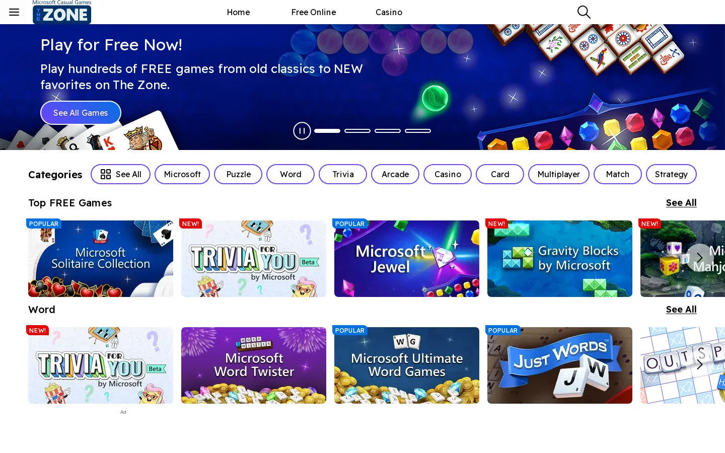 Microsoft Casual Games - The Zone Homepage screenshot