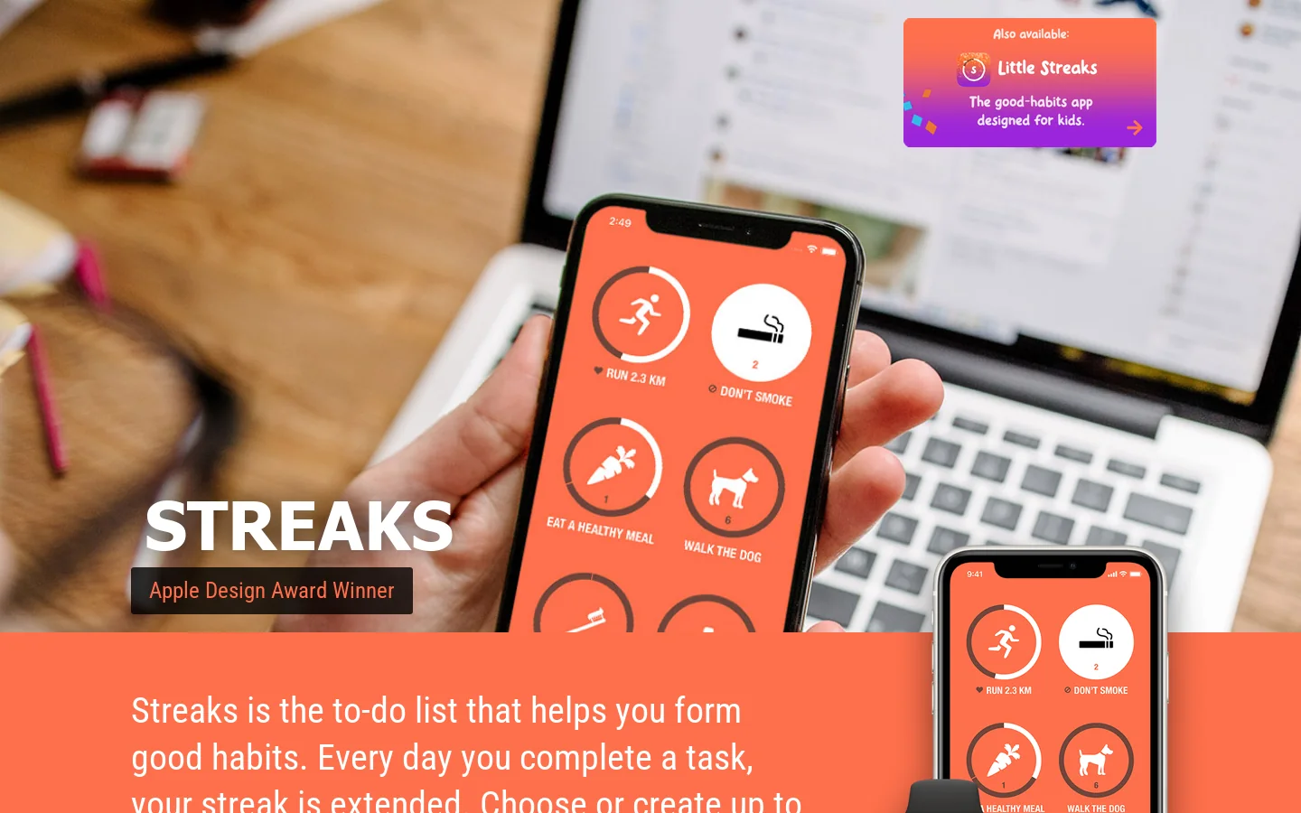 STREAKS. The to-do list that helps you form good habits. For iOS. Homepage screenshot