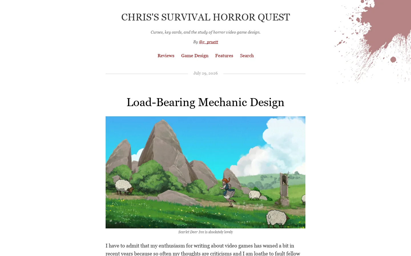 Chris's Survival Horror Quest | Curses, key cards, and the study of horror video game design.<br><br>By <a href="http://twitter.com/c_pruett">@c_pruett</a> Homepage screenshot