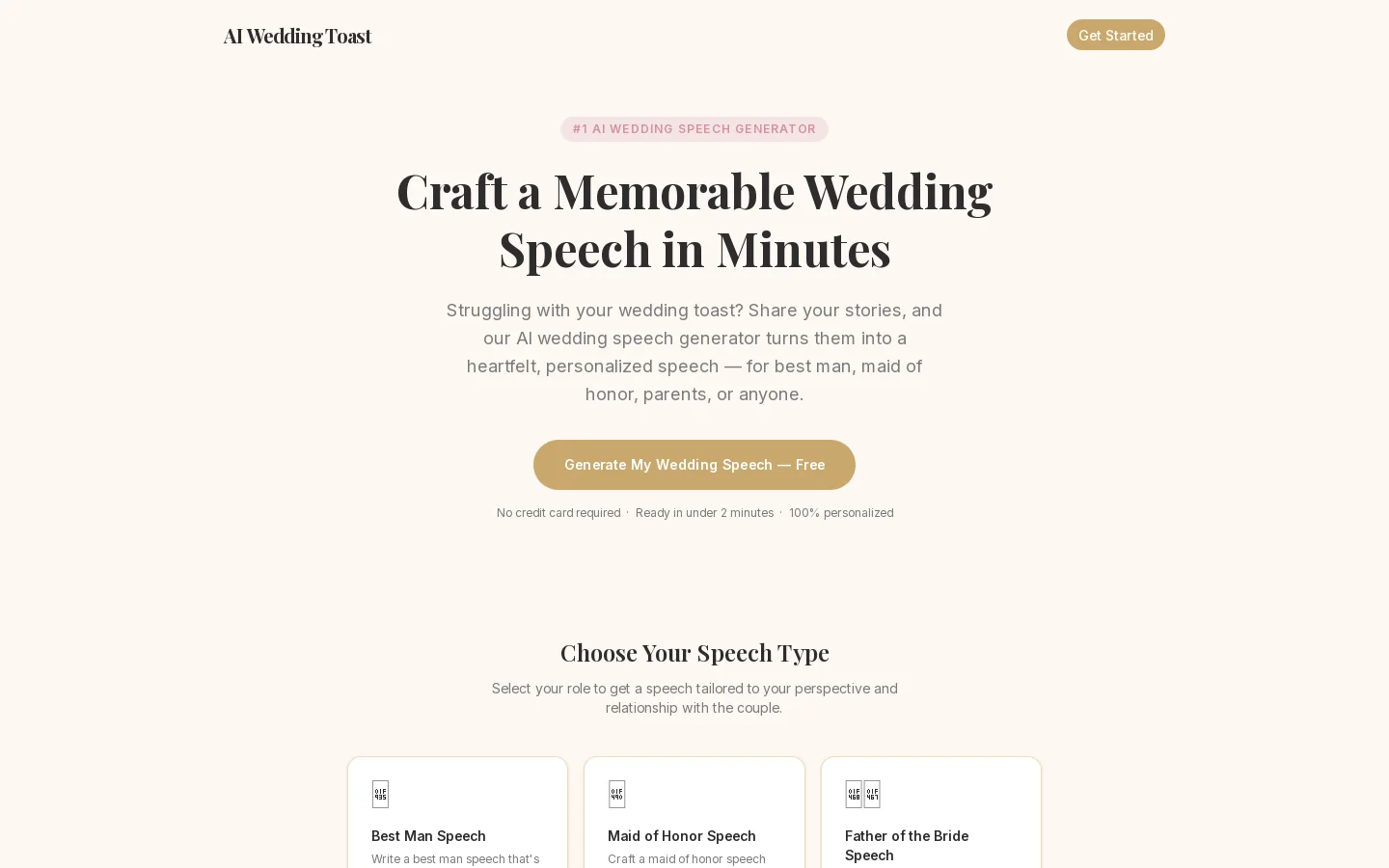 AI Wedding Toast Homepage screenshot