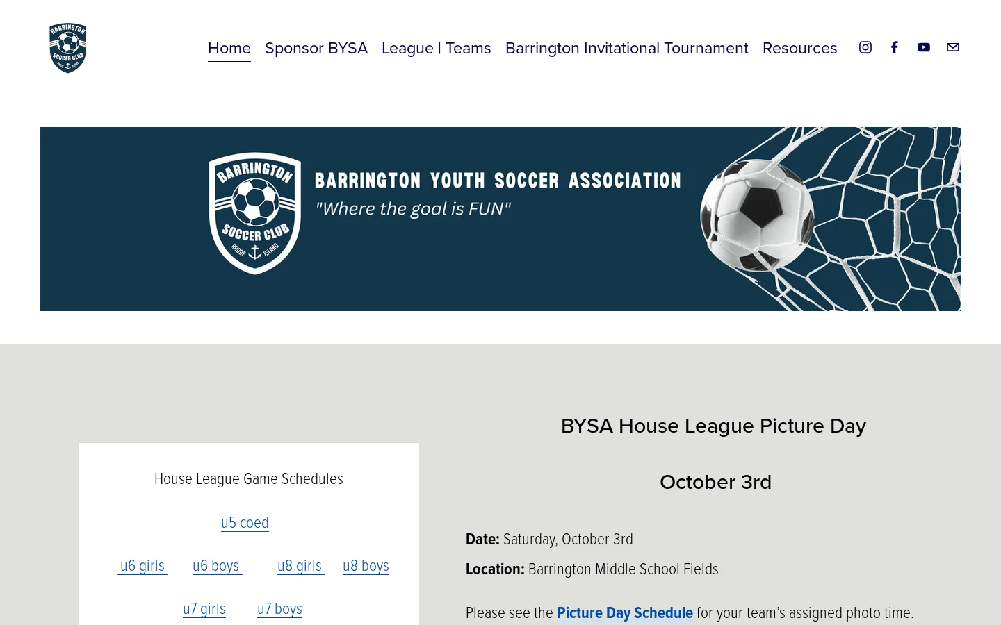 Barrington Youth Soccer Association Homepage screenshot