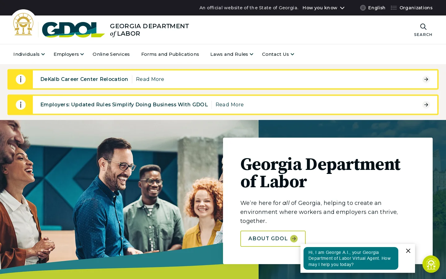 Georgia Department of Labor Homepage screenshot
