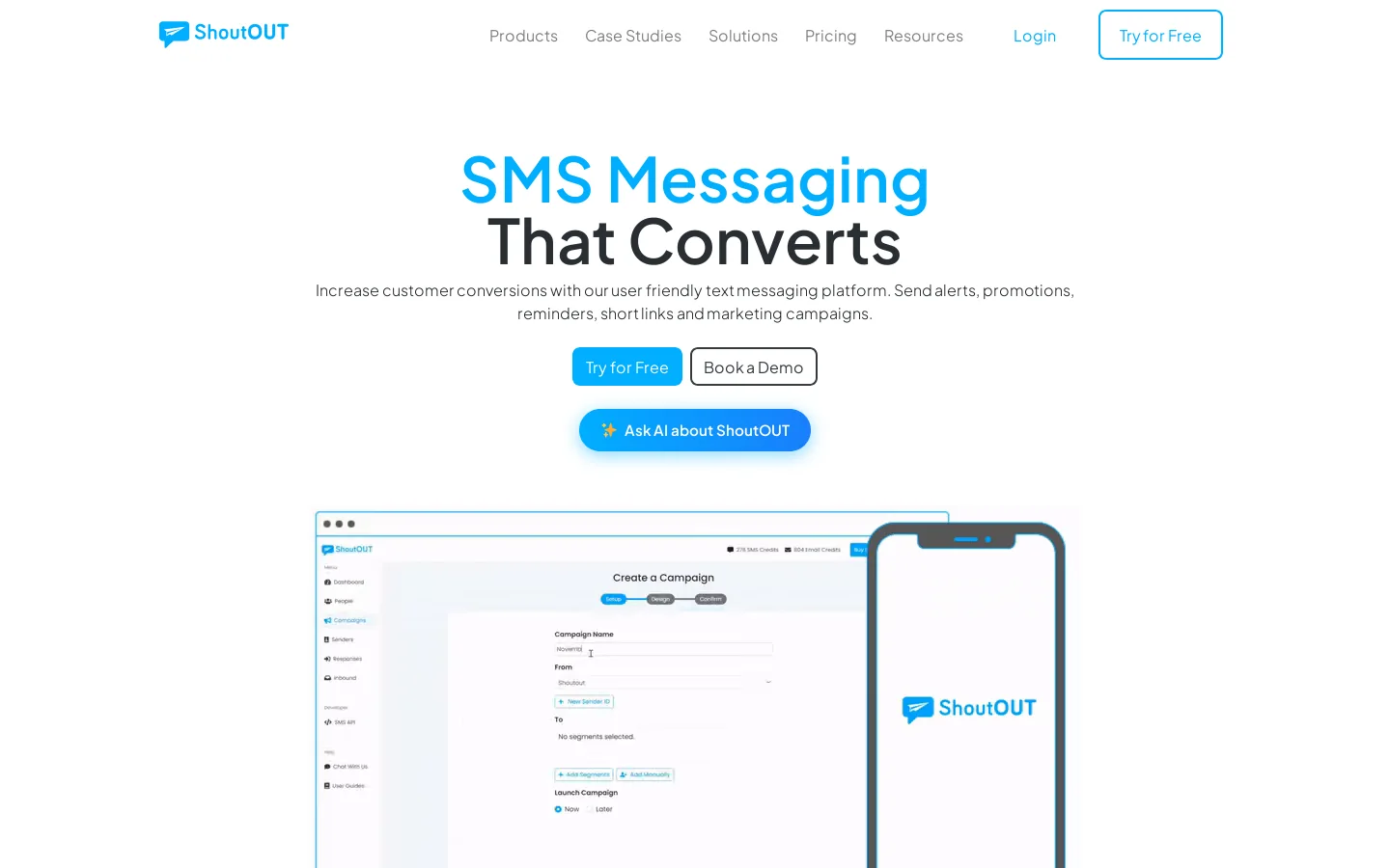 SMS Messaging That Converts | ShoutOUT Homepage screenshot