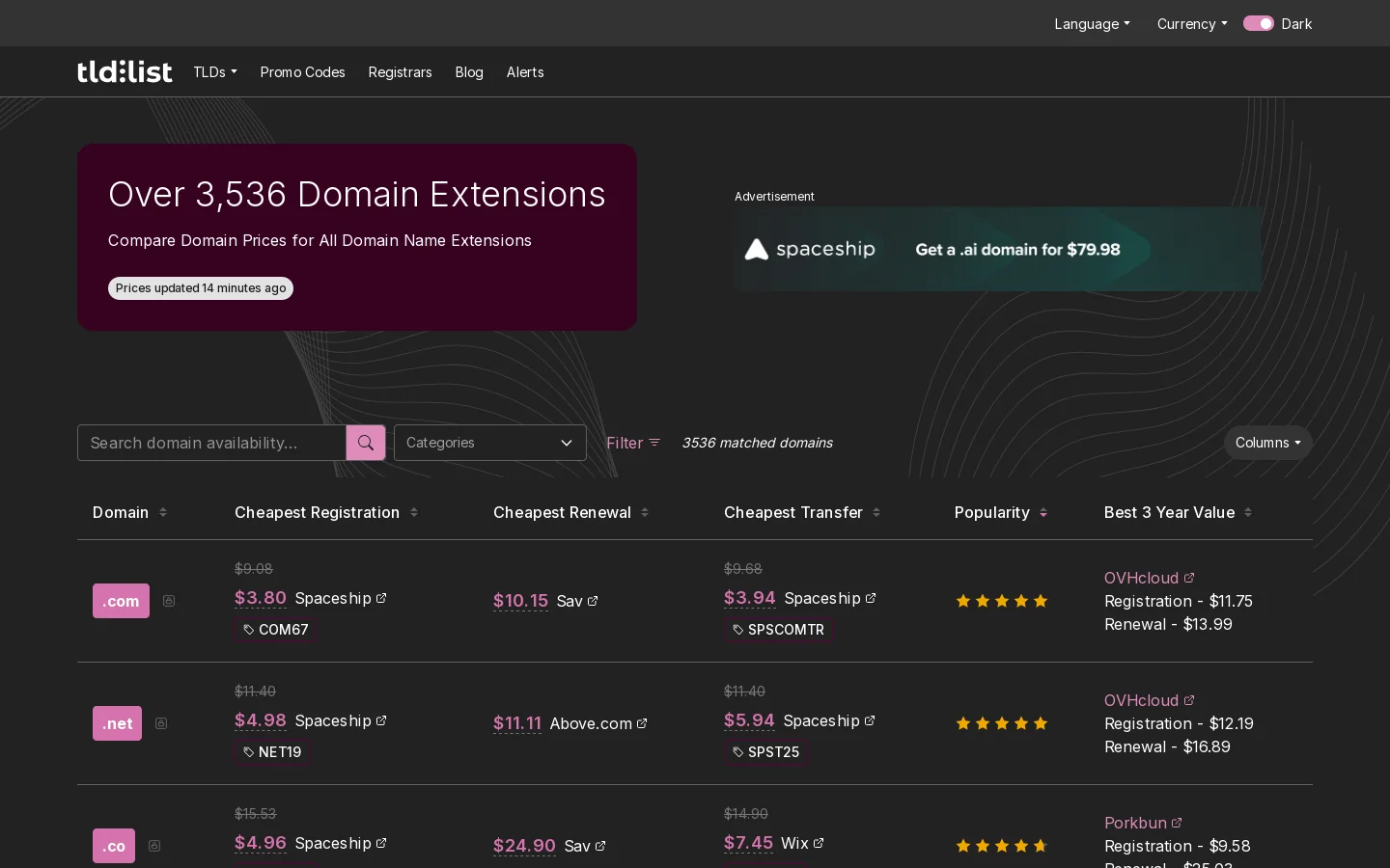 Compare Domain Prices – Full List of Top-Level Domains Homepage screenshot