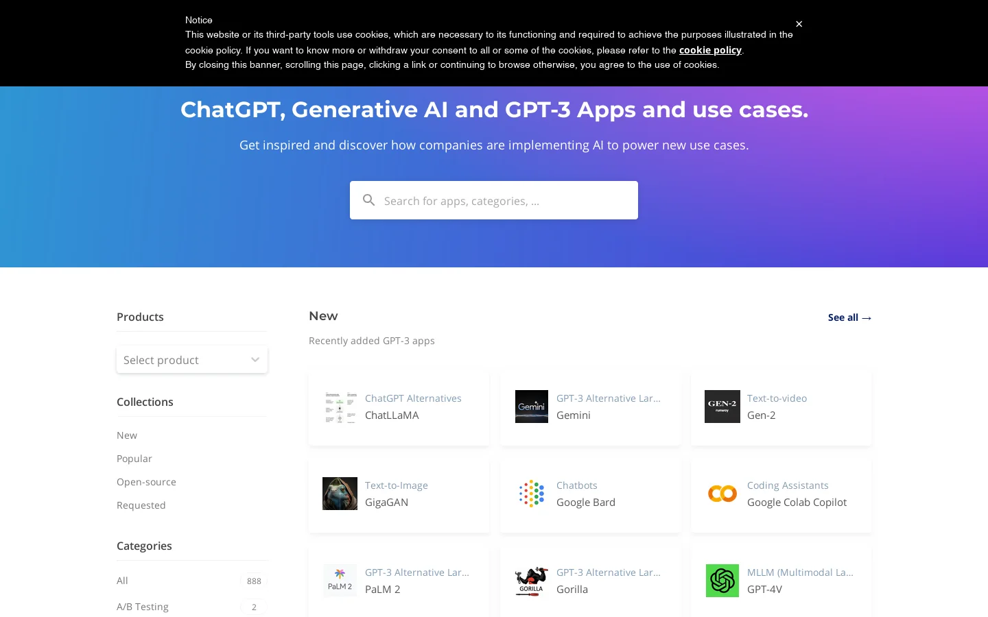 800+ ChatGPT and GPT-3 Examples, Demos, Apps, Showcase, and Generative AI Use-cases | Discover AI use cases Homepage screenshot