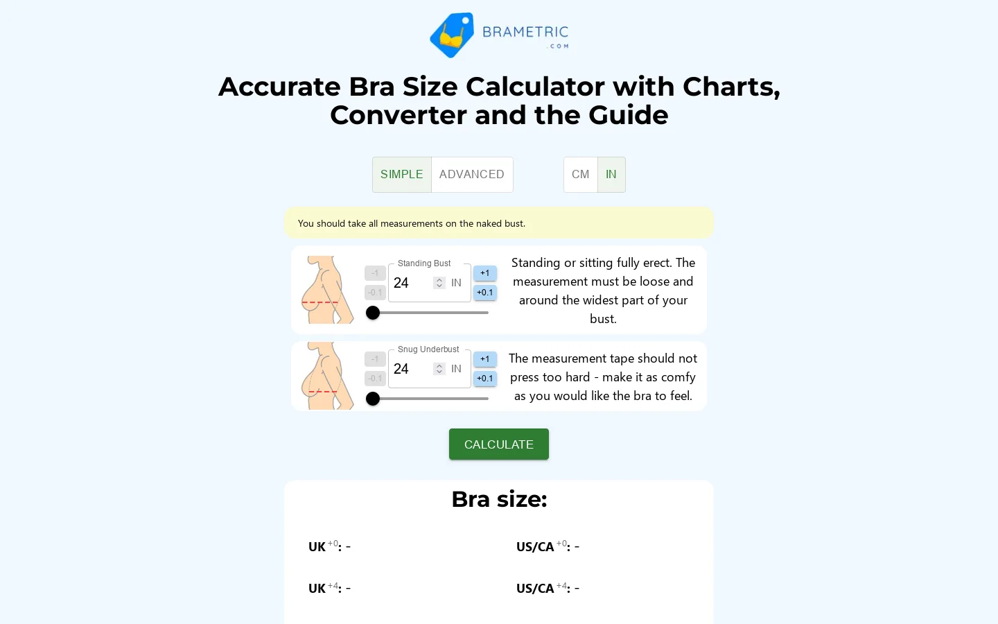 Bra Size Calculator Online Homepage screenshot