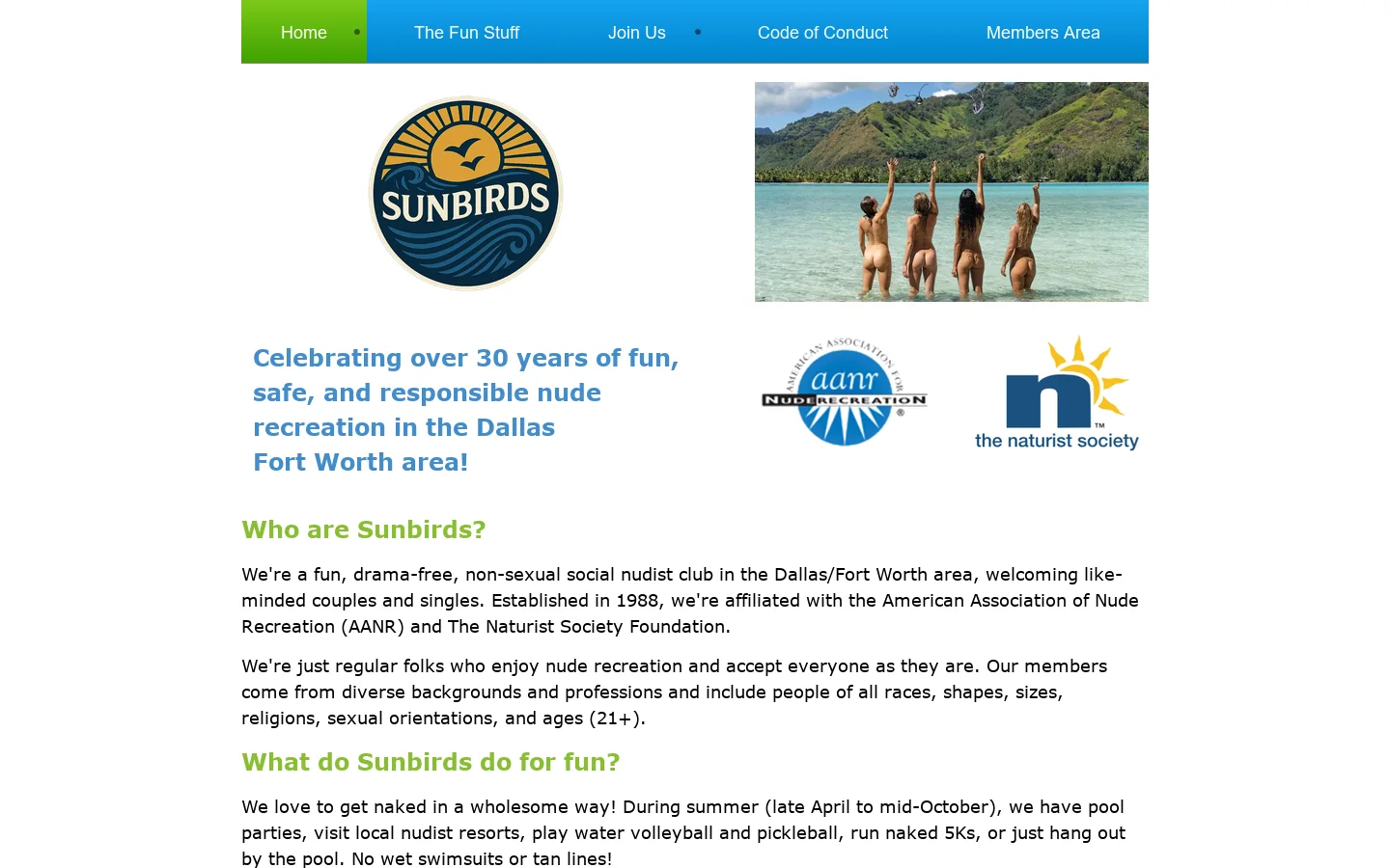 Sunbirds DFW Nudist Club Homepage screenshot
