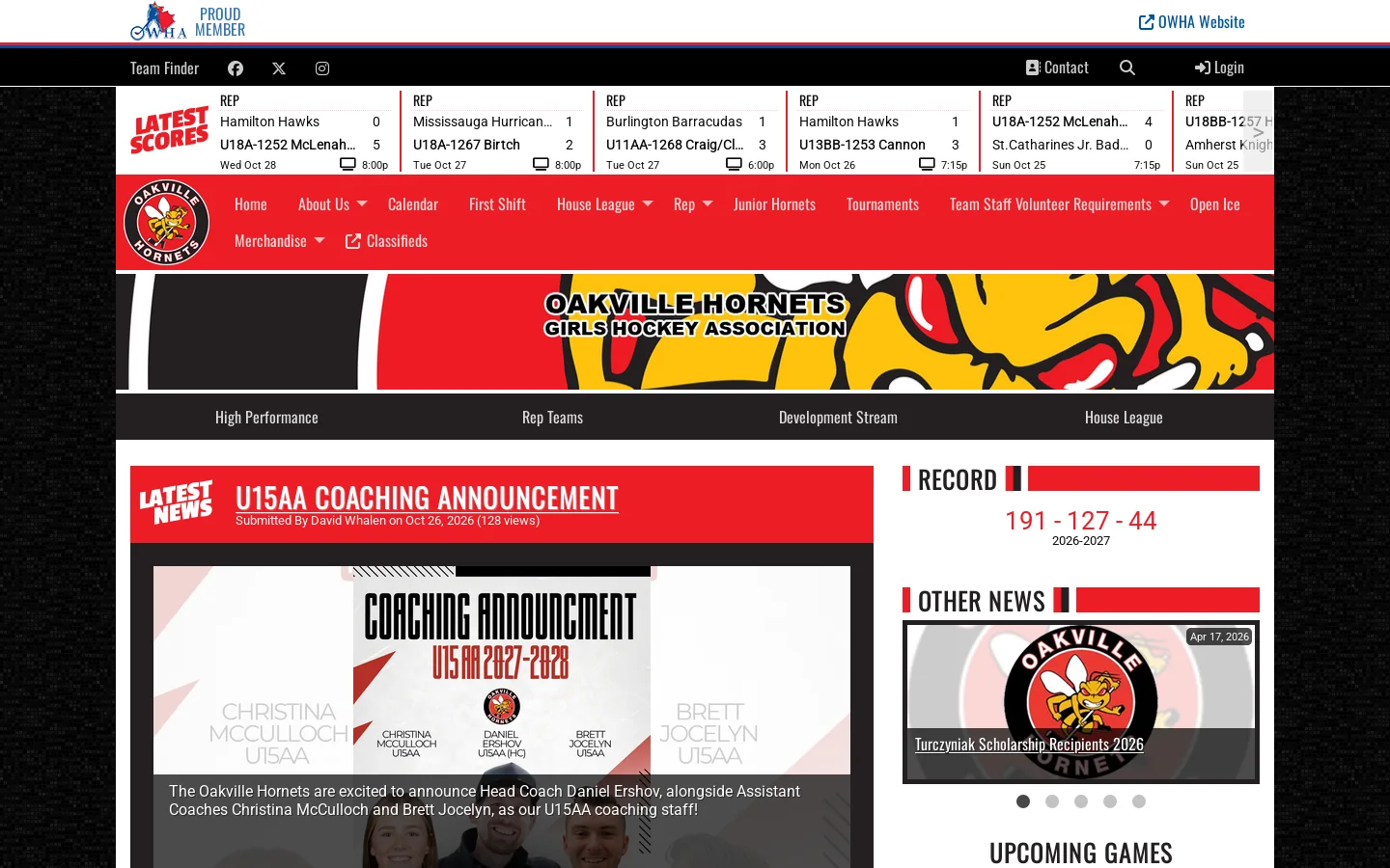 Oakville Hornets Homepage screenshot