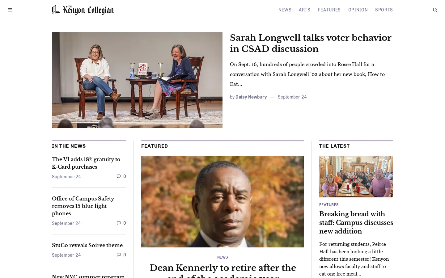 The Kenyon Collegian Homepage screenshot