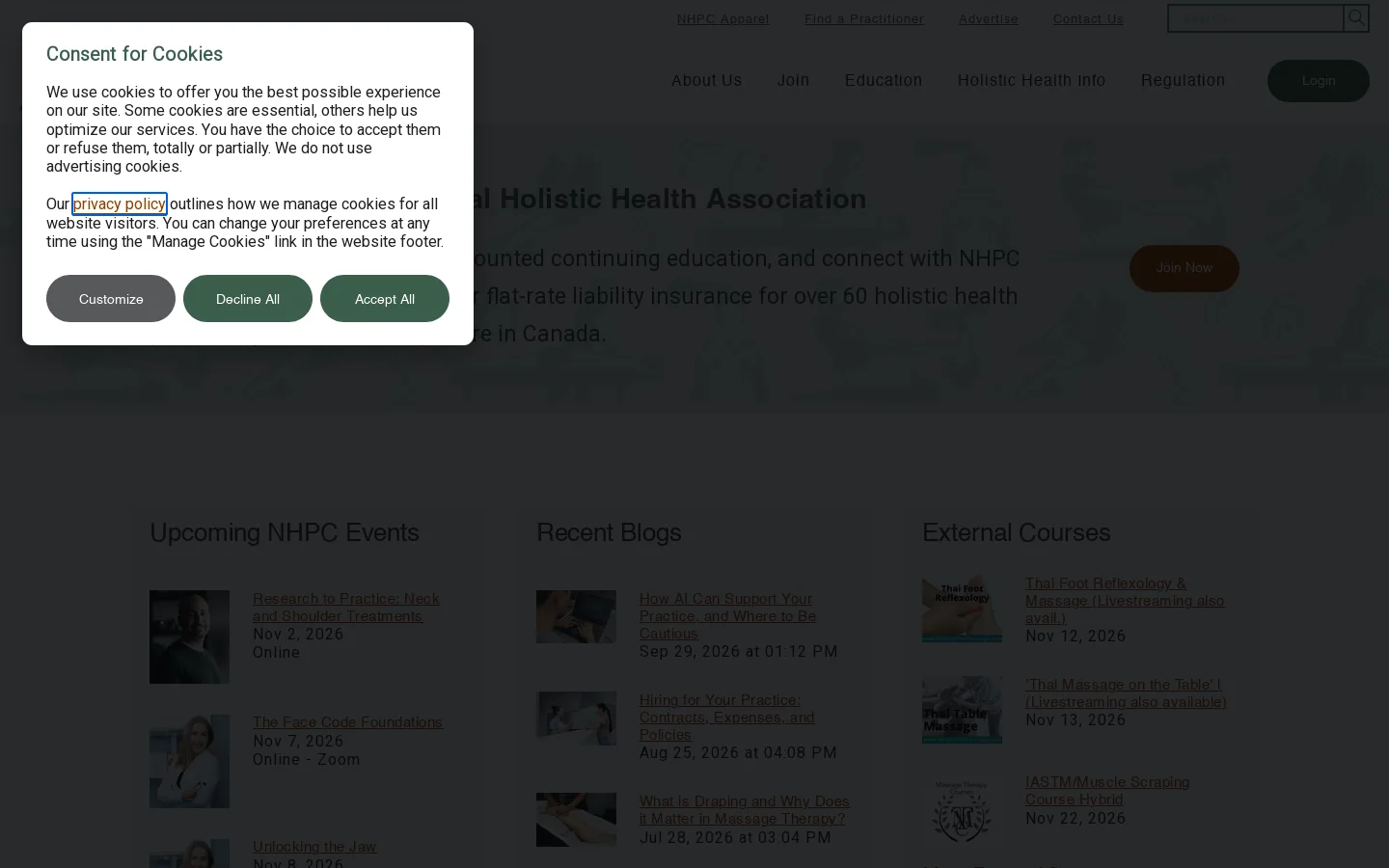 Natural Health Practitioners of Canada (NHPC) Homepage screenshot