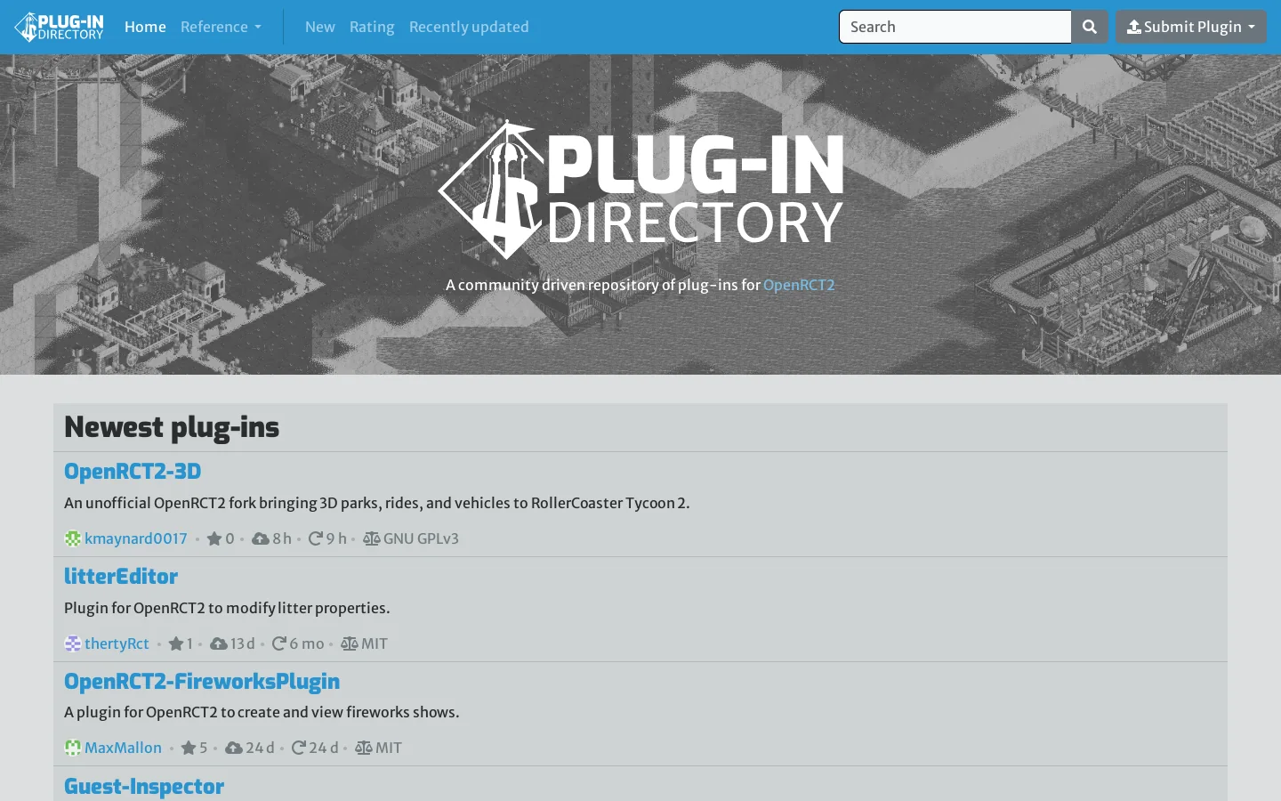 OpenRCT2 Plug-ins Directory Homepage screenshot