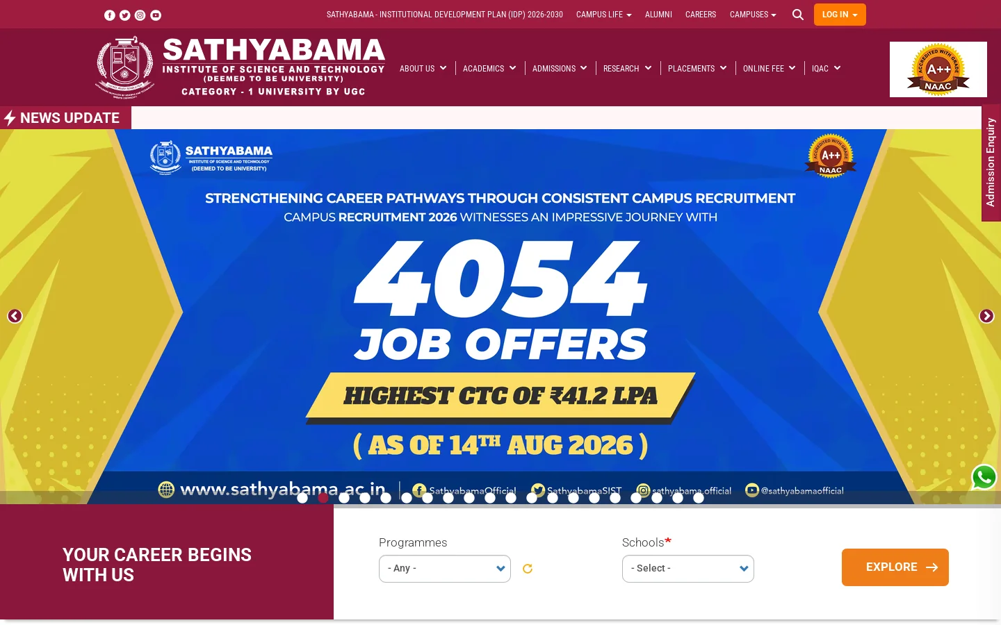 Sathyabama Institute of Science and Technology (Deemed to be University) Homepage screenshot