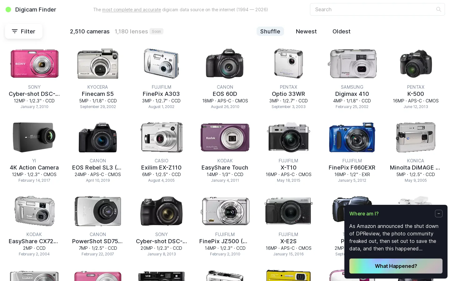 Digicamfinder digicamfinder.com Digicamfinder helps edit, convert, generate, search, or organize images and visual assets. ↗ Homepage screenshot