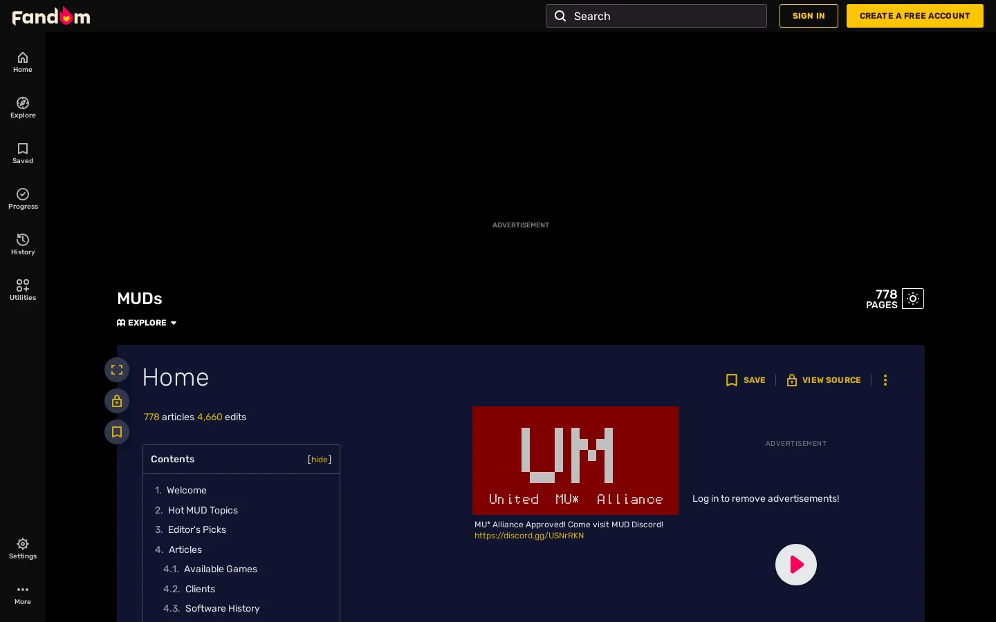 Muds Wiki Homepage screenshot