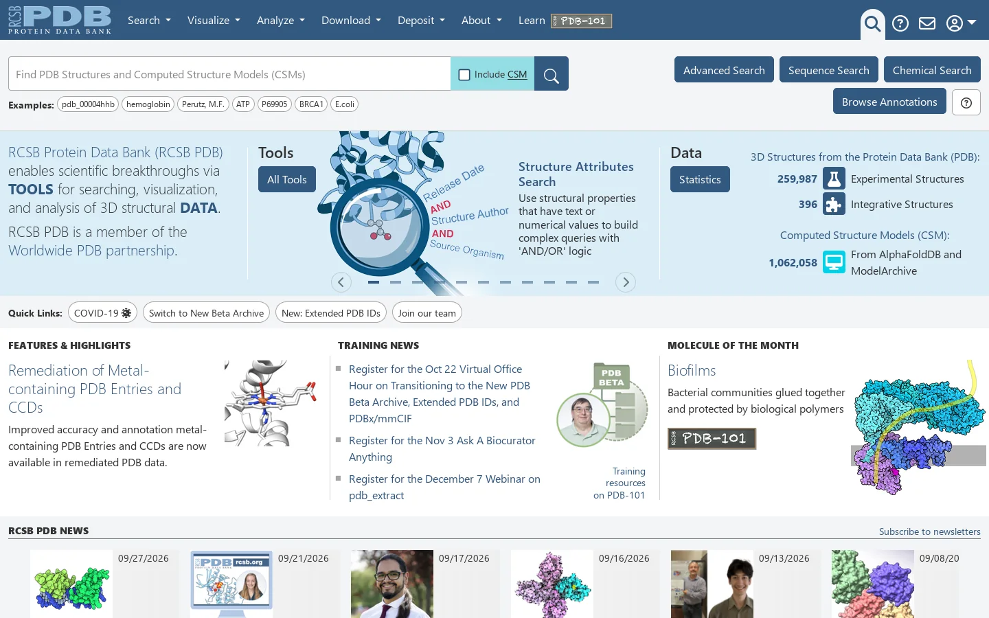 RCSB PDB Homepage screenshot