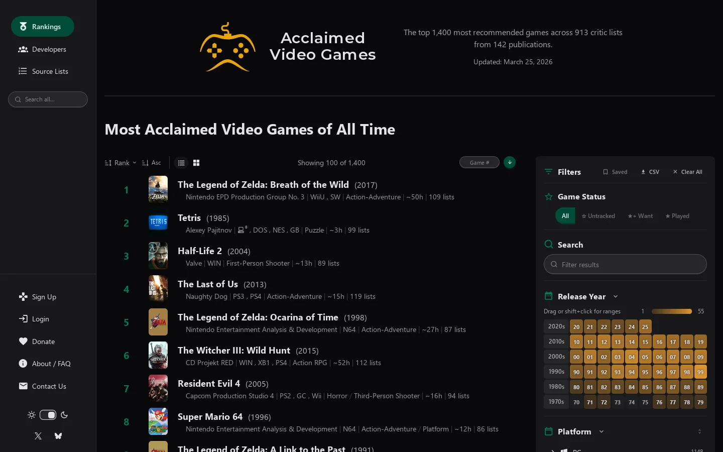 Acclaimed Video Games Homepage screenshot