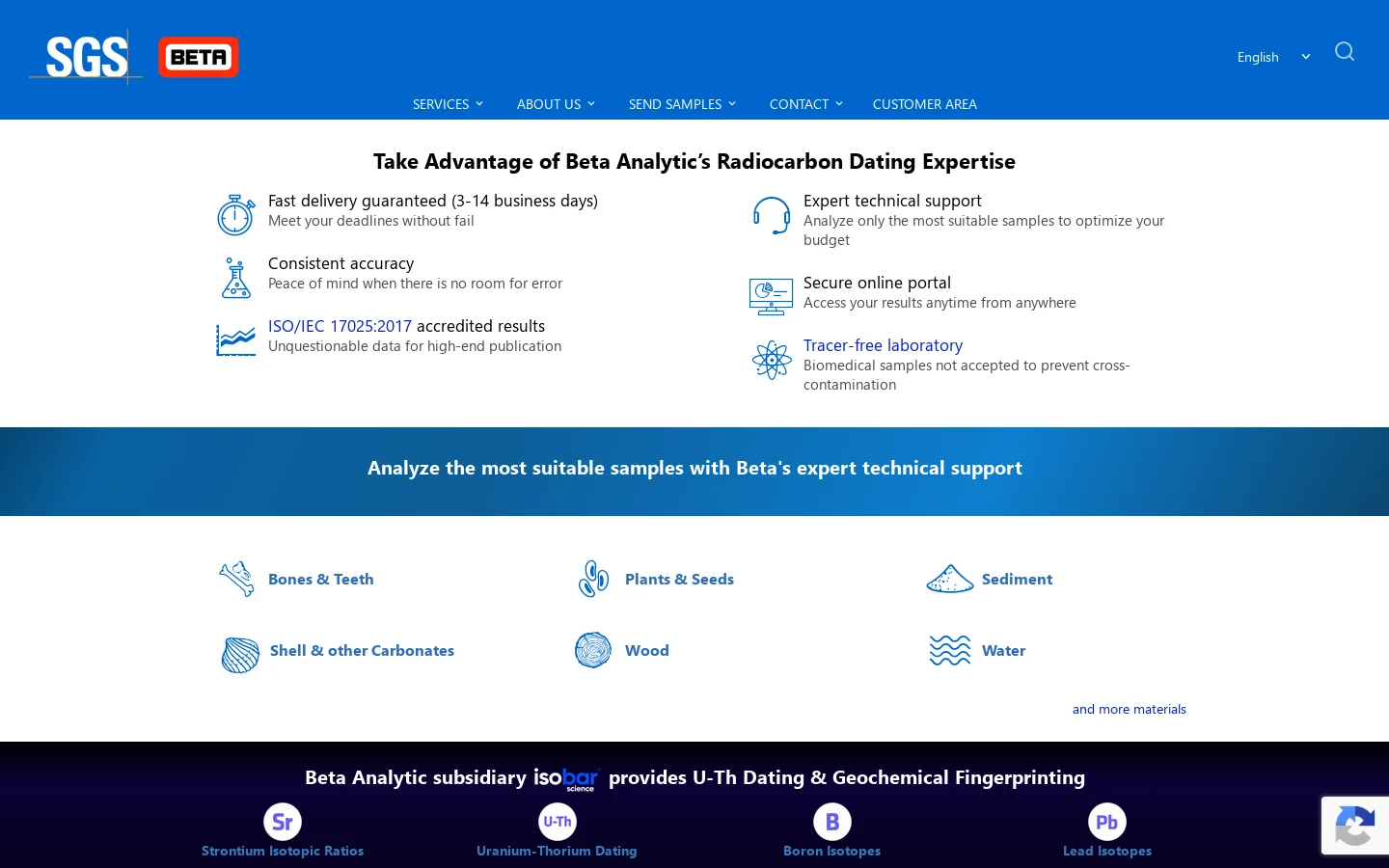 SGS Beta Carbon Dating Service, Stable Isotope Analysis Homepage screenshot