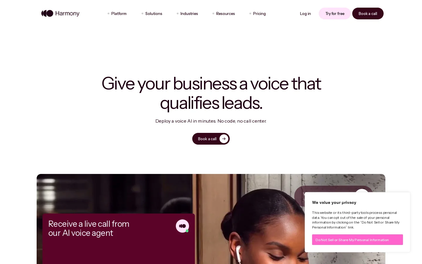 Harmony.ai Homepage screenshot