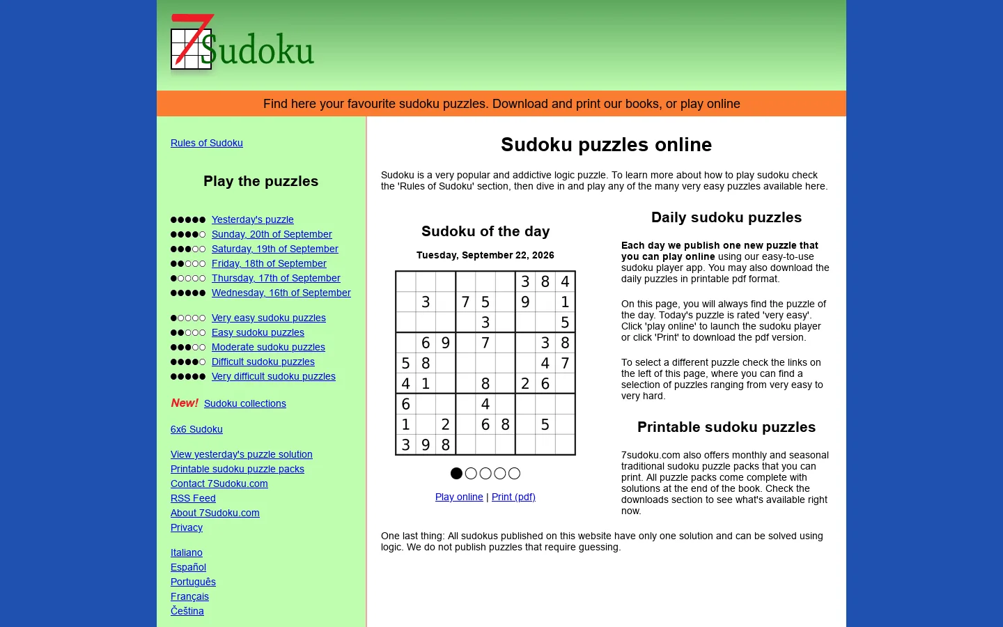 Daily sudoku Puzzles to print or play online at 7Sudoku.com Homepage screenshot