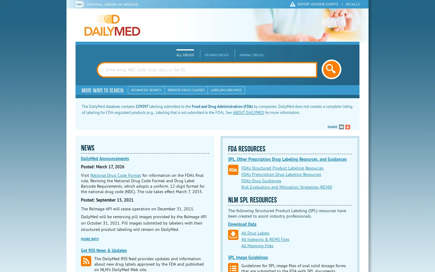 DailyMed Homepage screenshot