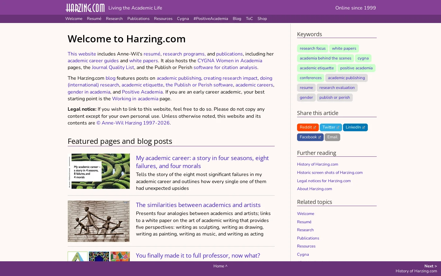 Harzing.com Homepage screenshot