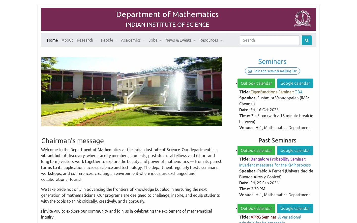 Department of Mathematics, IISc Homepage screenshot