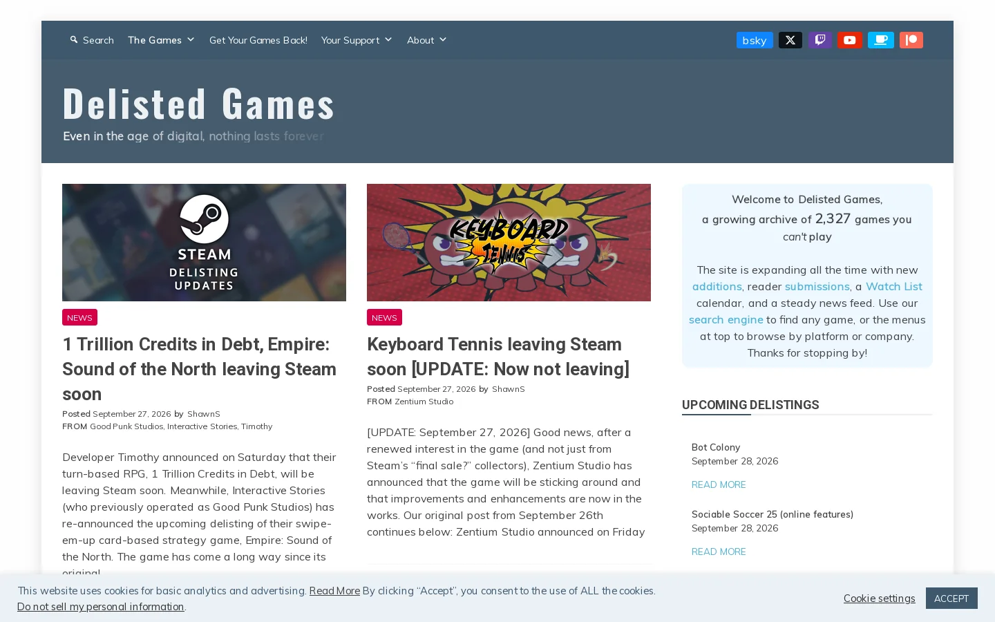 Delisted Games Homepage screenshot