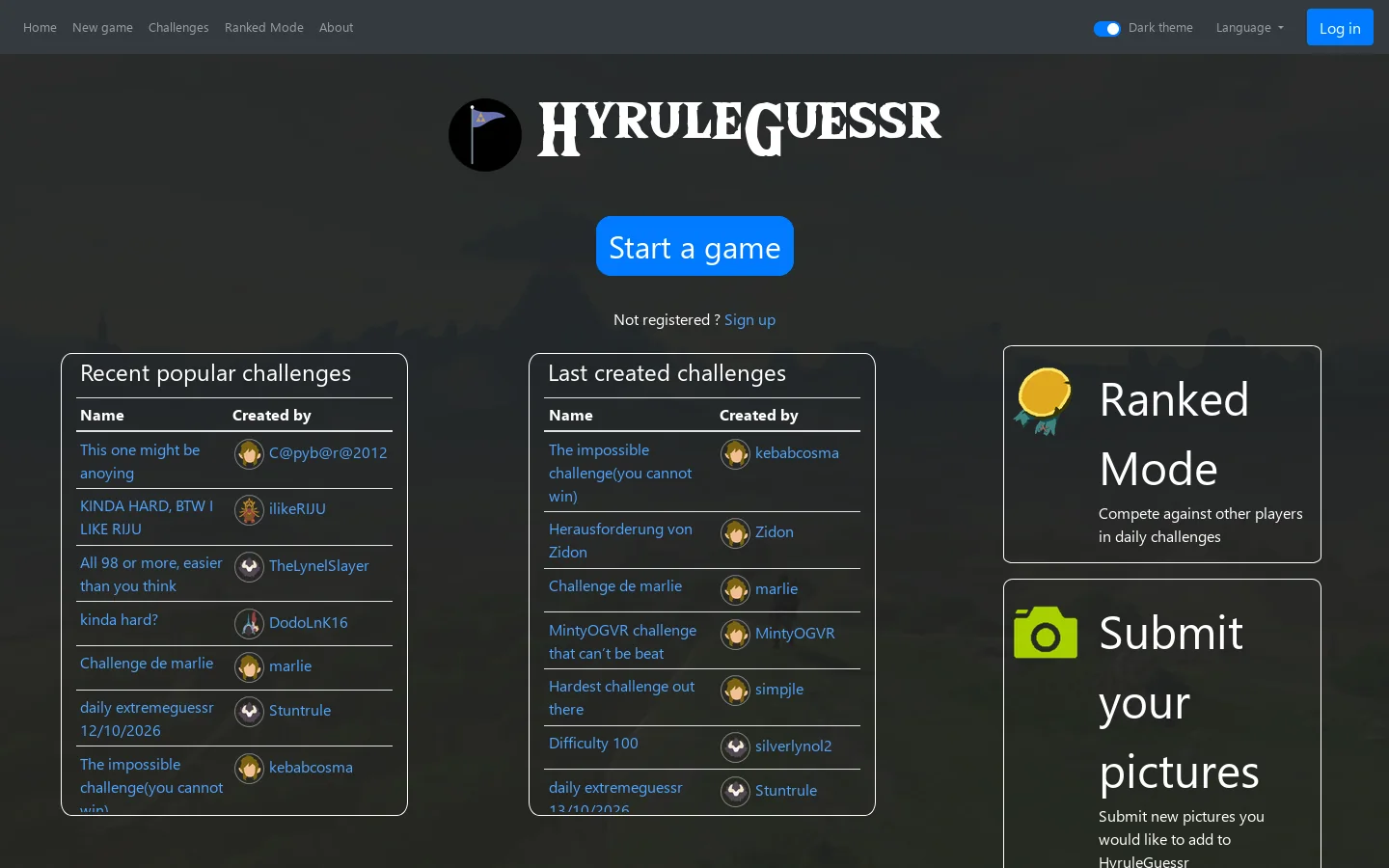 HyruleGuessr Homepage screenshot