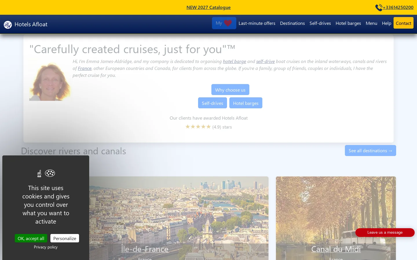 Hotel barge cruises and self-drive boat rentals cruise vacations Homepage screenshot