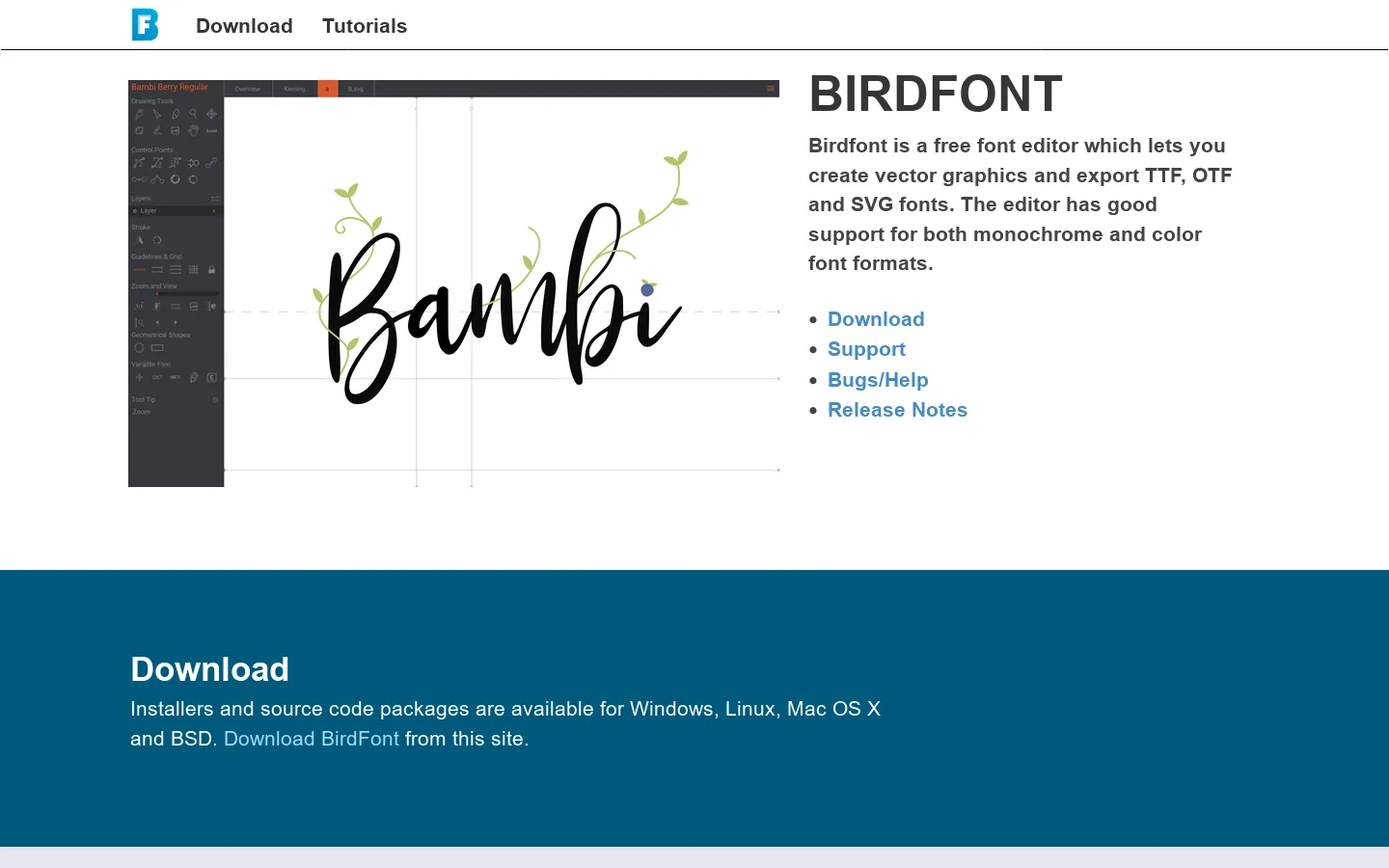 Birdfont Homepage screenshot