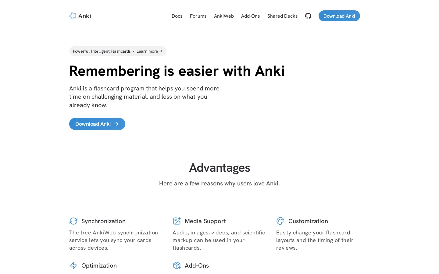 Anki - powerful, intelligent flashcards Homepage screenshot
